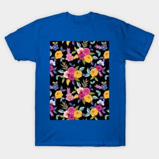 Watercolor Floral Seamless Pattern Art On Black Background T-Shirt